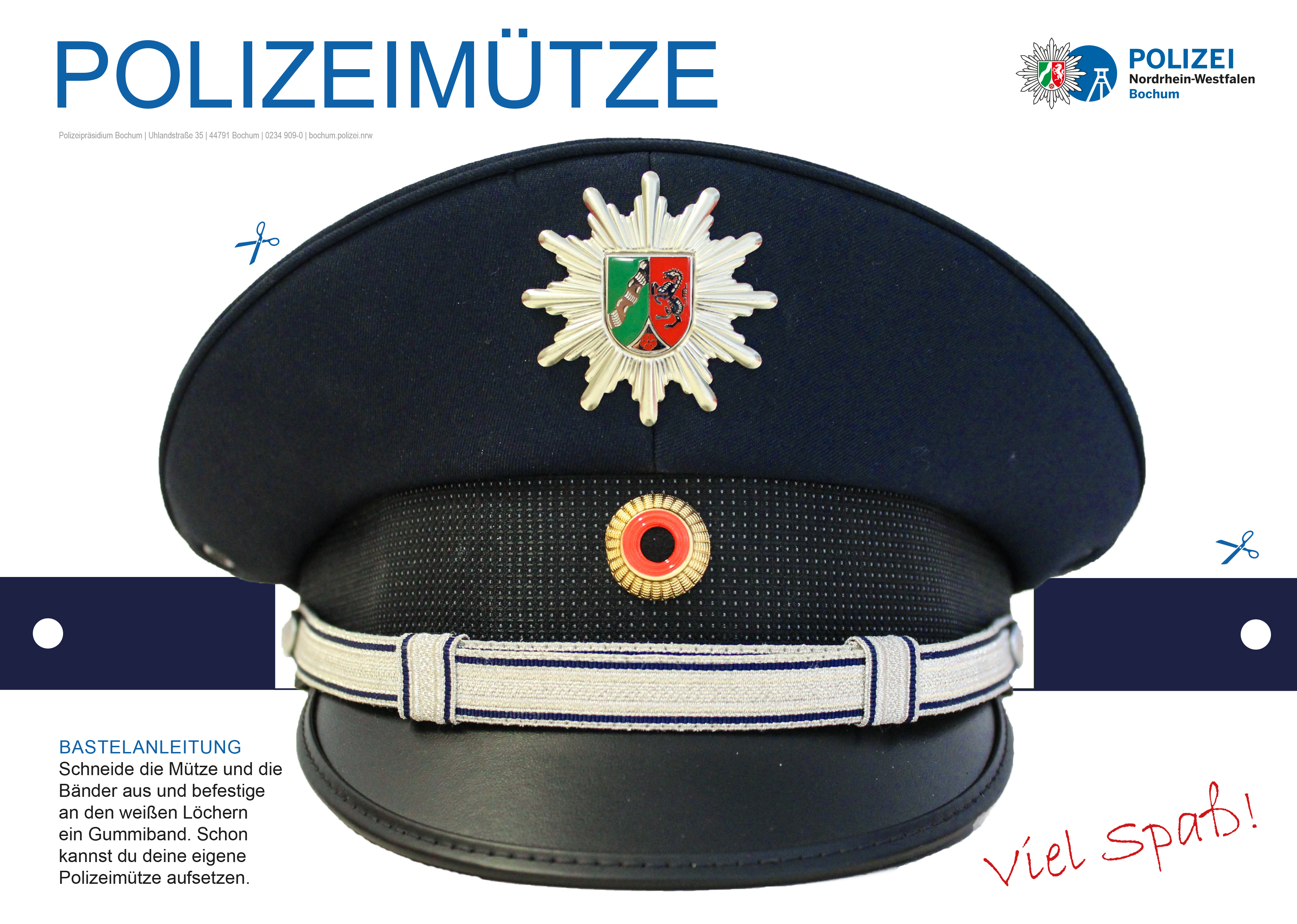 Ausdrucken, ausschneiden, Gummiband dran - und fertig ist die Polizeimütze.